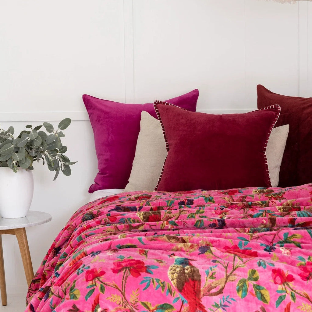 Indian Velvet Kantha Quilt Block Print Bohemian Boho - Pink Bird