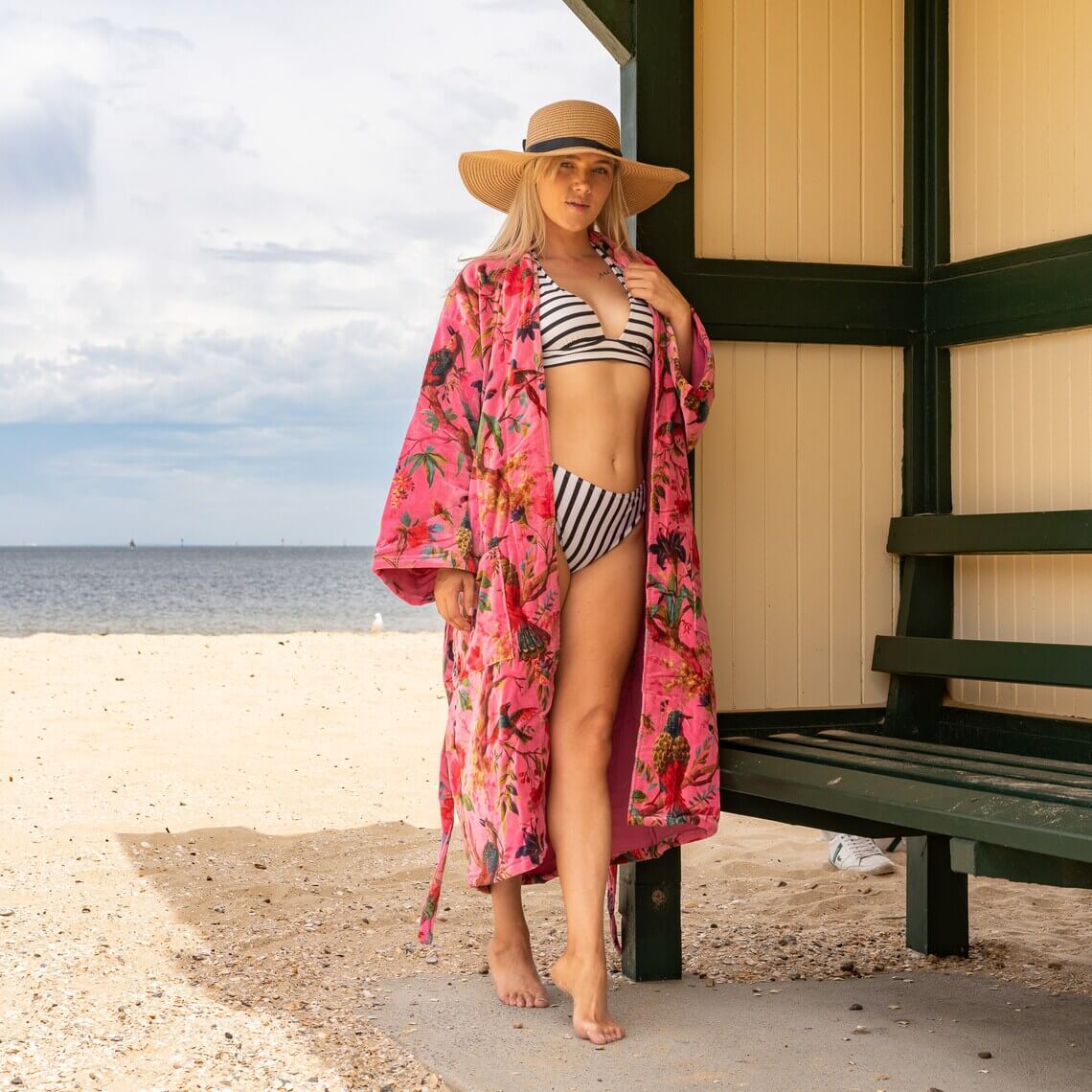 Fuchsia Bird 100% Cotton Velvet Kimono Robe