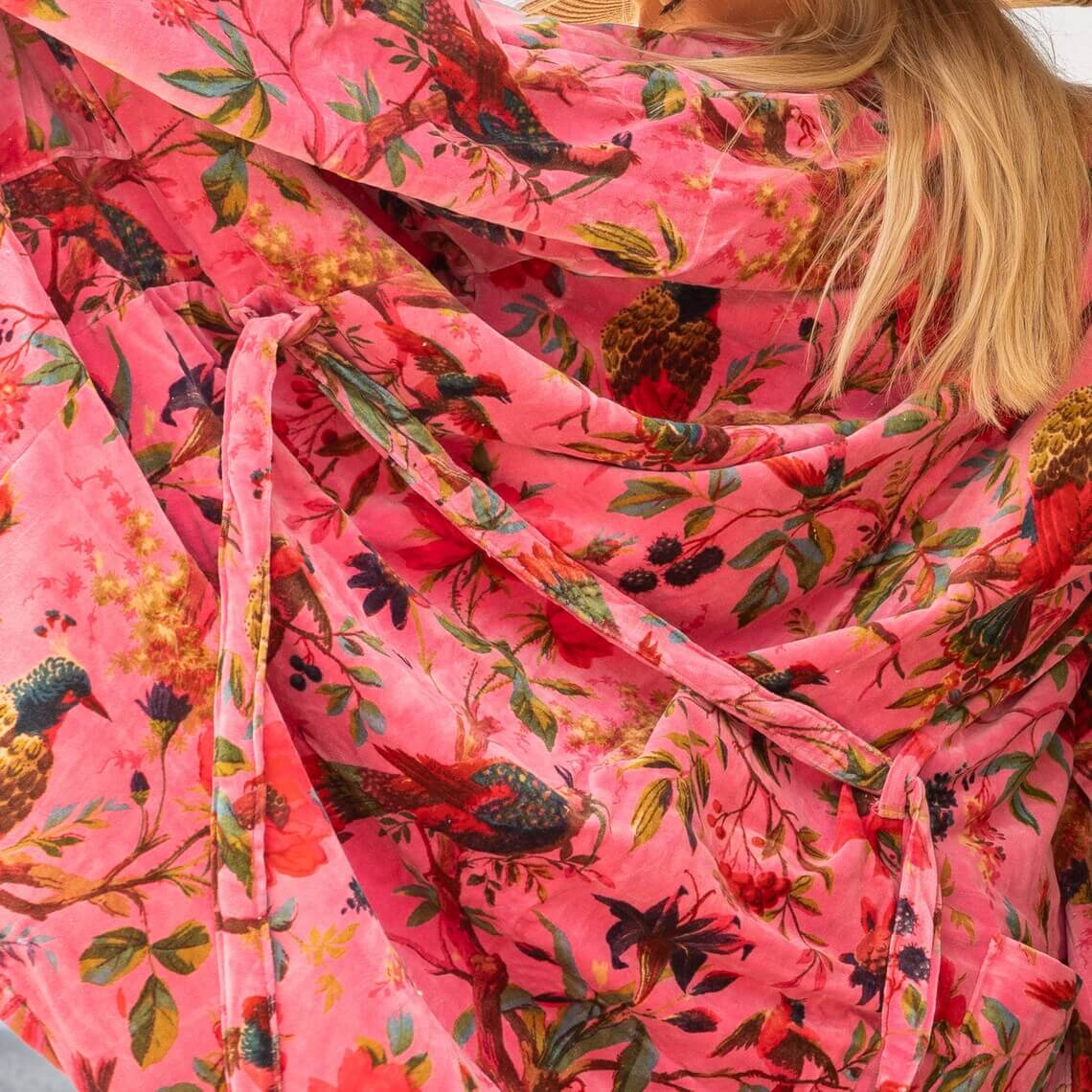 Fuchsia Bird 100% Cotton Velvet Kimono Robe