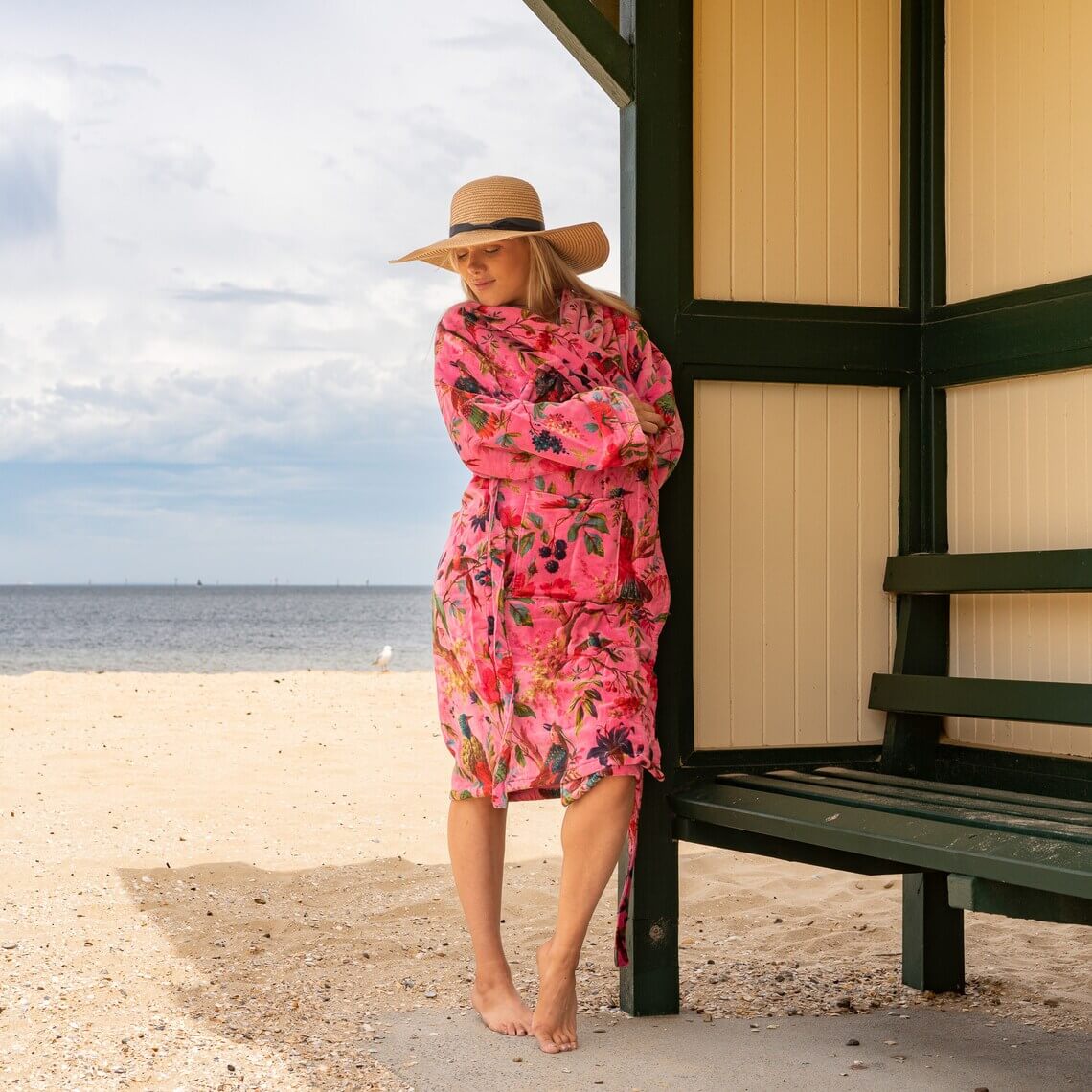 Fuchsia Bird 100% Cotton Velvet Kimono Robe