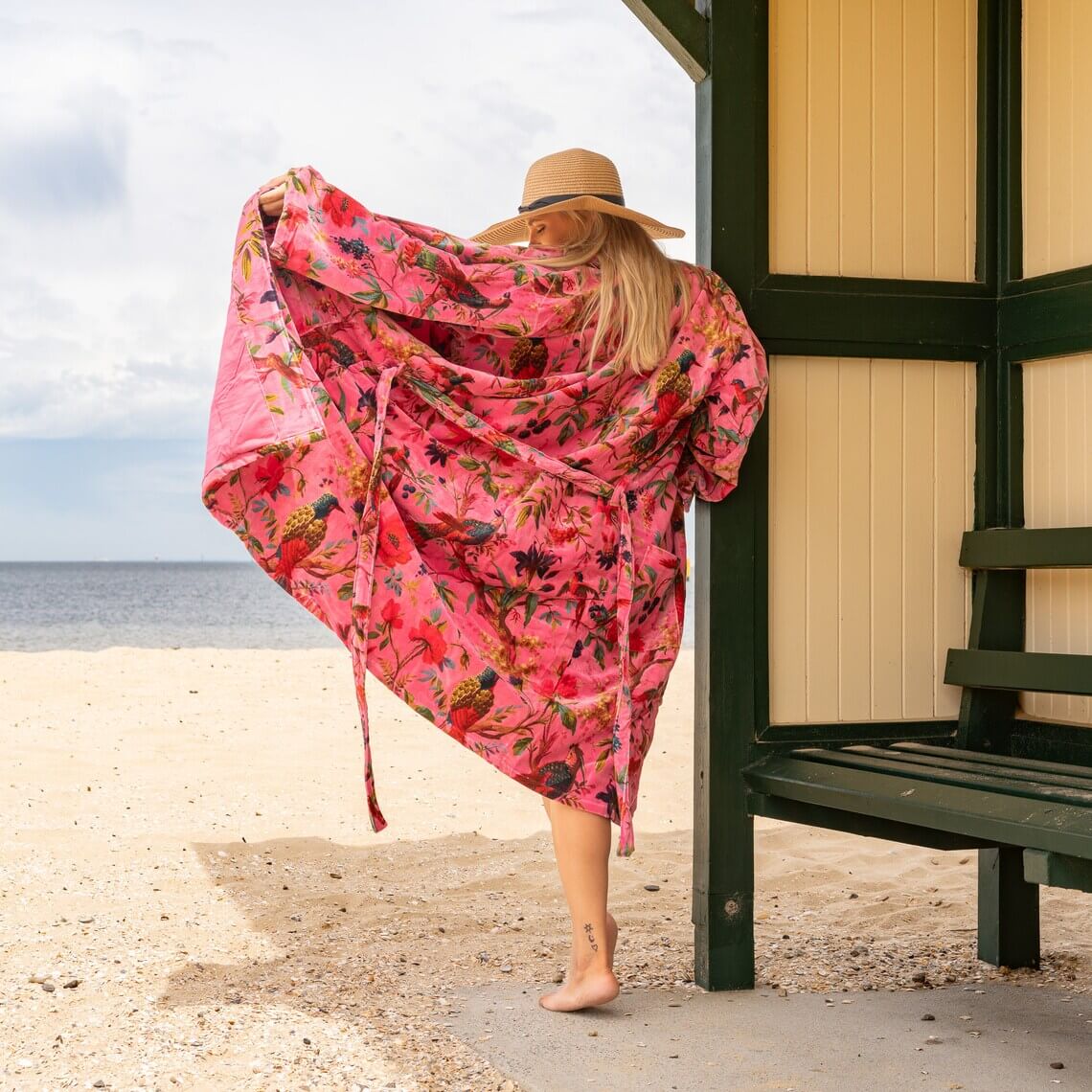 Fuchsia Bird 100% Cotton Velvet Kimono Robe