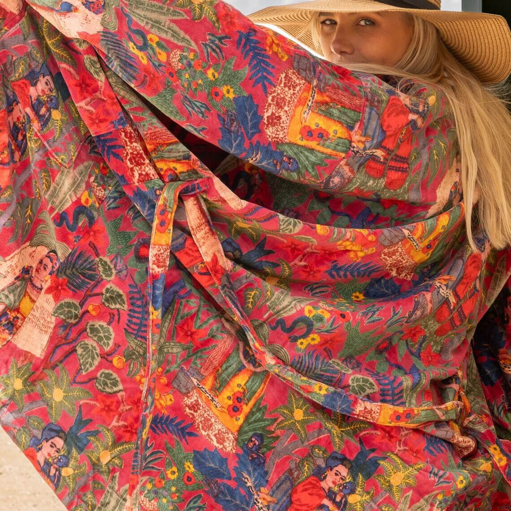 Red Frida 100% Cotton Velvet Kimono Robe