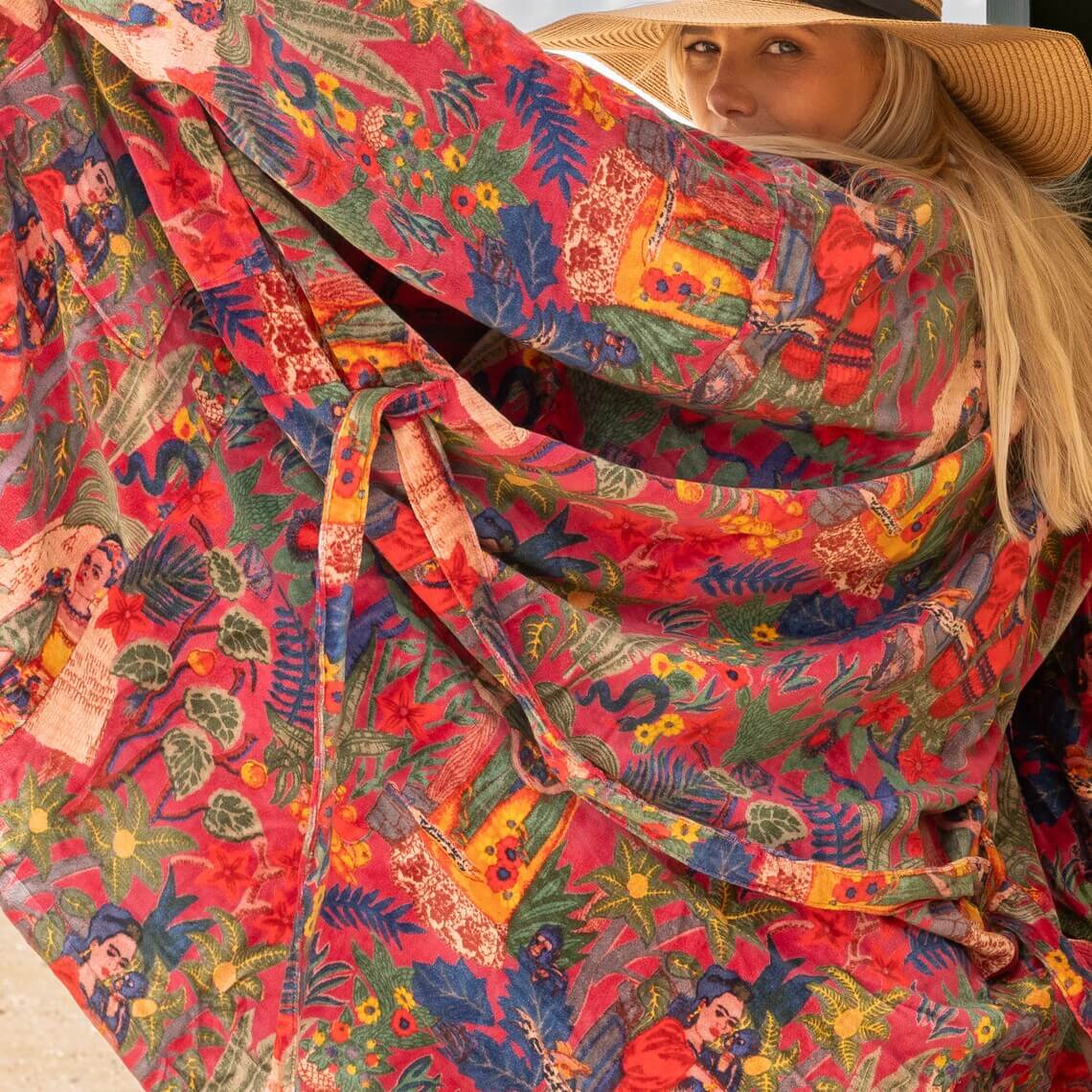 Red Frida 100% Cotton Velvet Kimono Robe