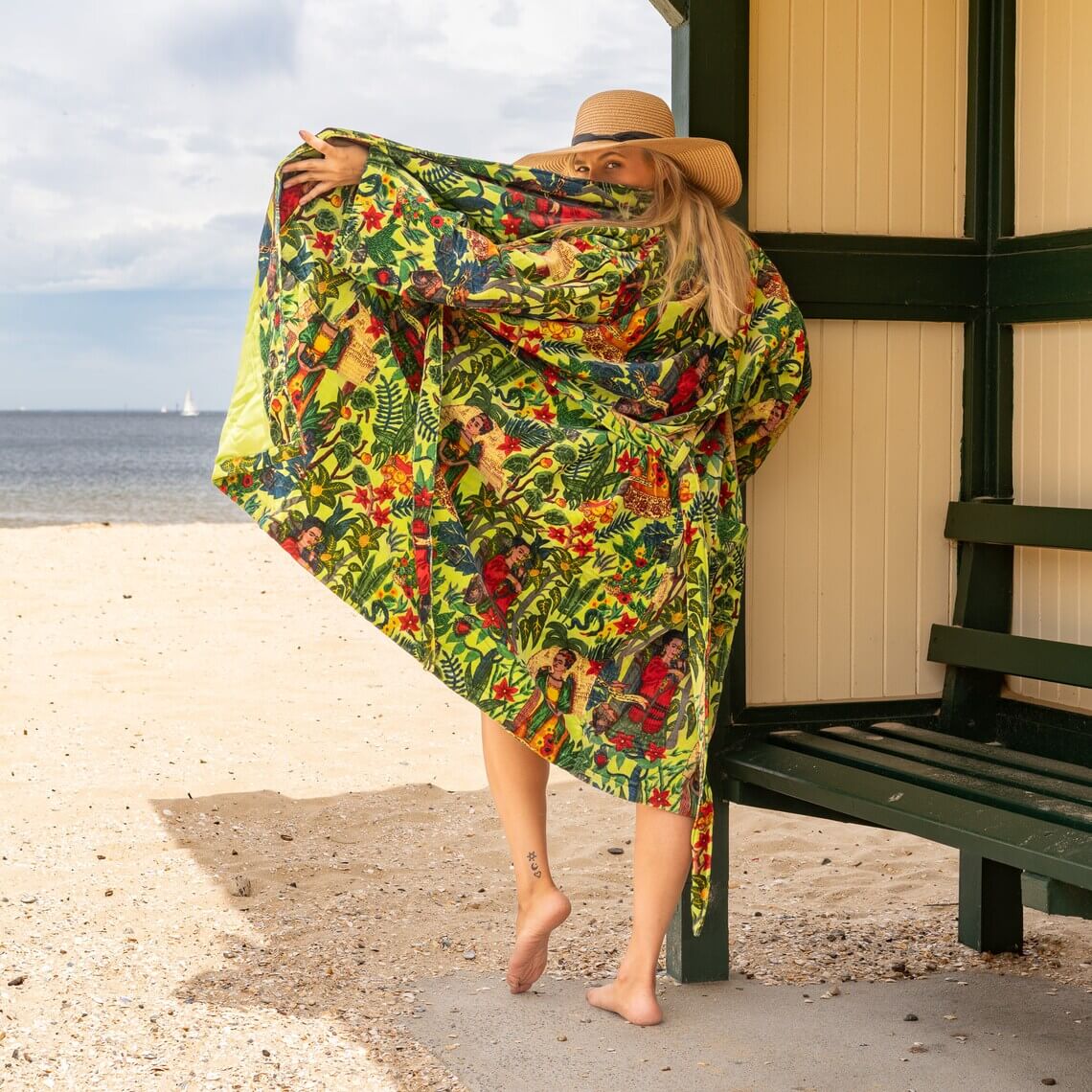 Green Kahlo 100% Cotton Velvet Kimono Robe