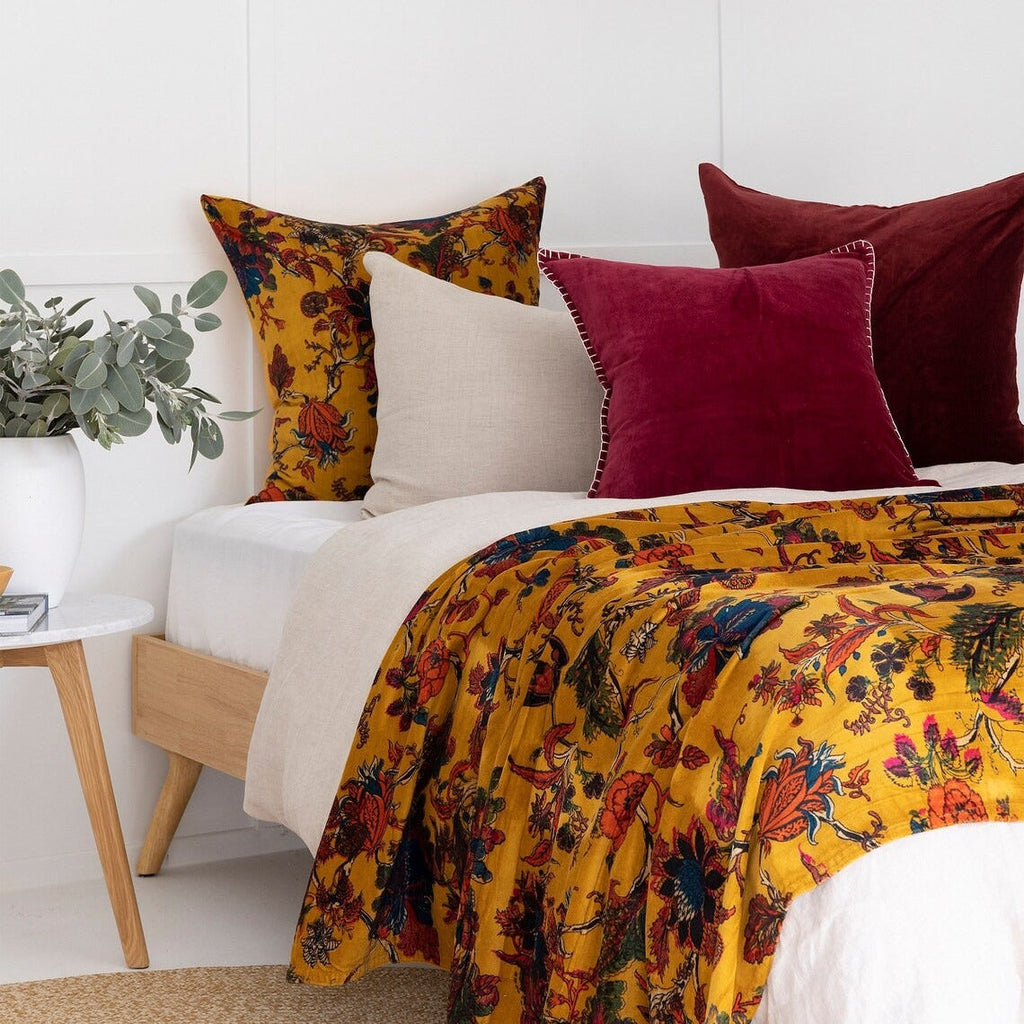 Mexican Velvet Cotton Throw Mustard | Cotton Quilt - Flower