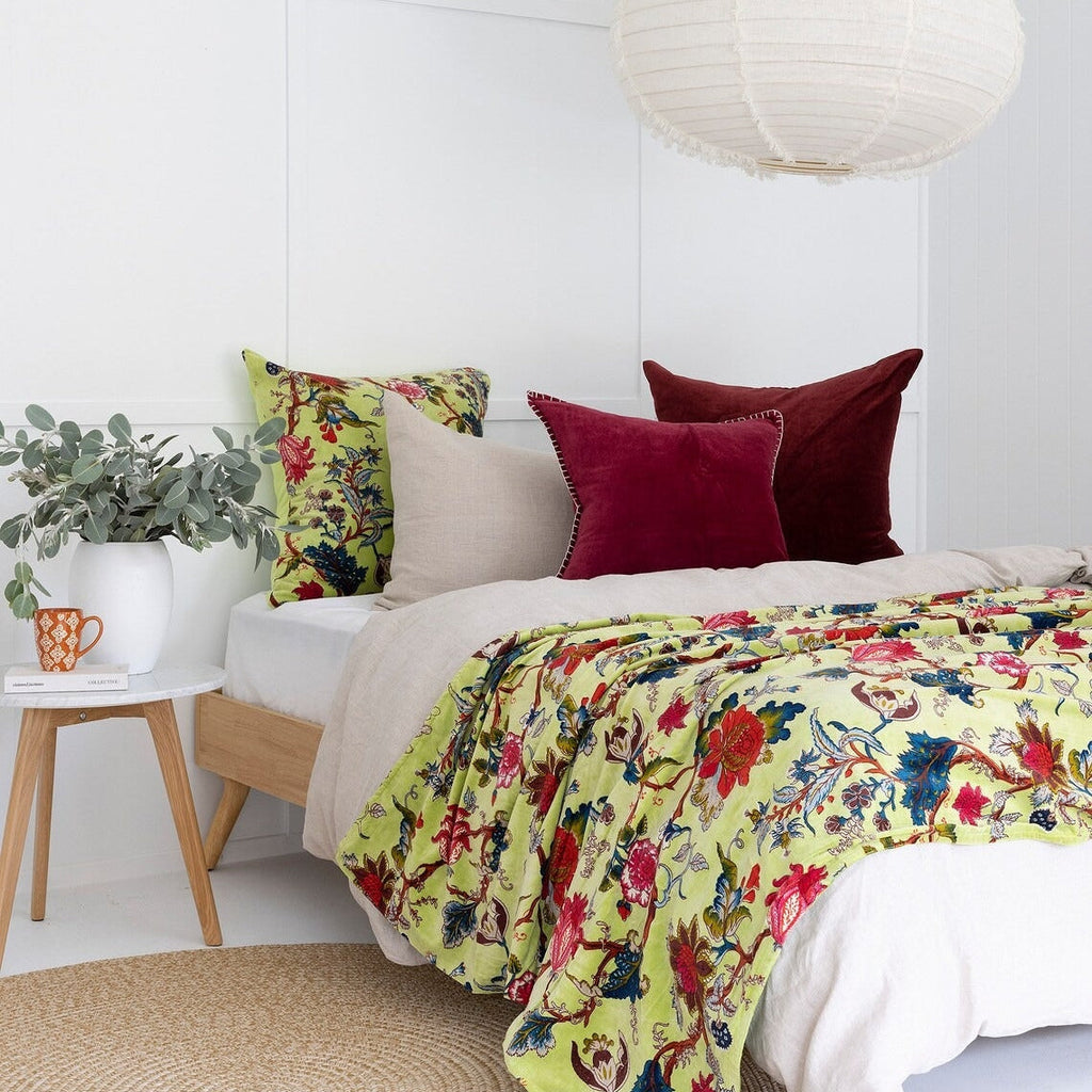 Mexican Velvet Cotton Throw Light Green - Floral