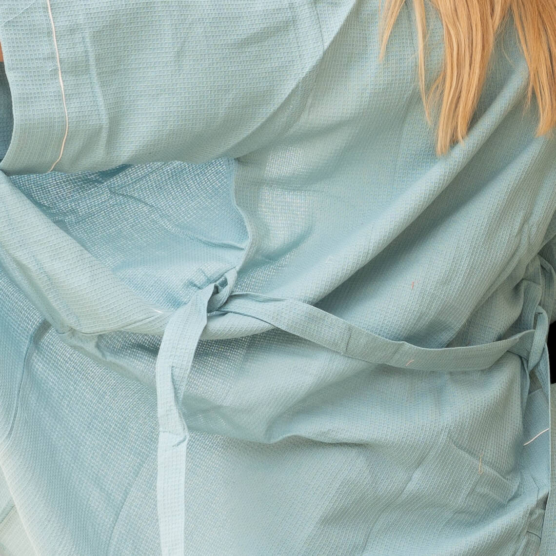 Unisex Waffle Linen Robe, Cotton Kimono Robe - Blue