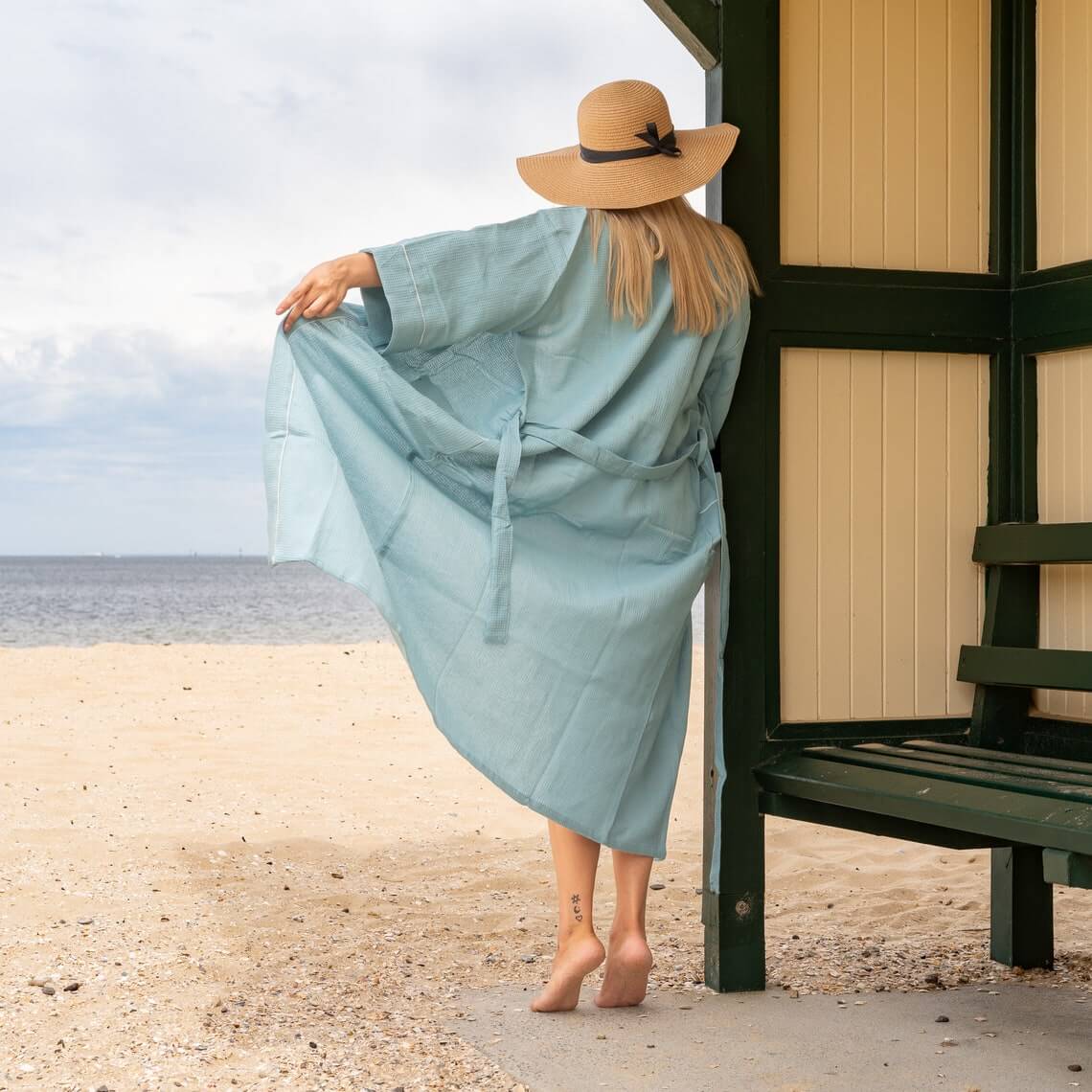 Unisex Waffle Linen Robe, Cotton Kimono Robe - Blue