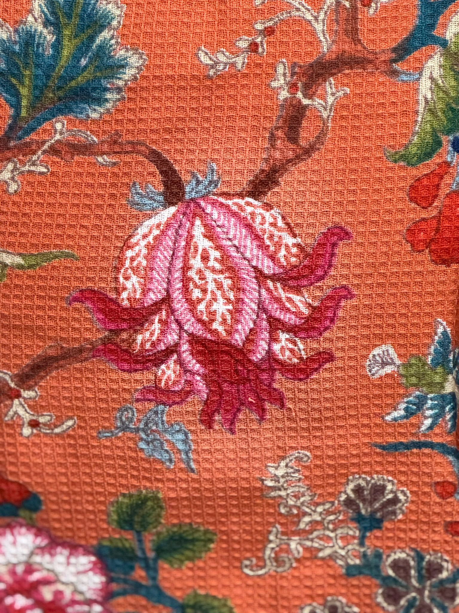 Terracotta Waffle Cotton Kimono Robe - Floral Hand Block Print