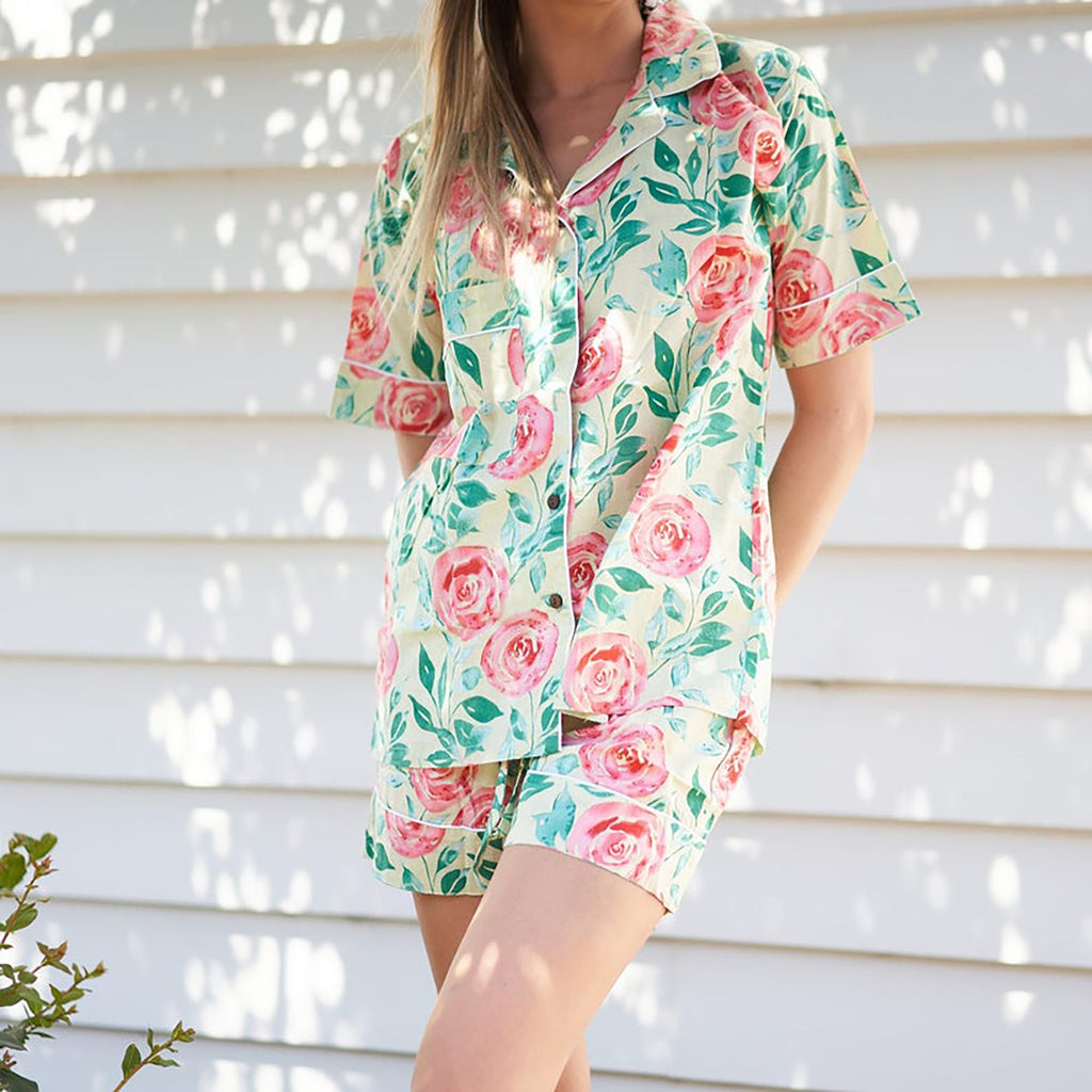 'Bed of Roses' 100% Cotton Pyjama Shorts Set