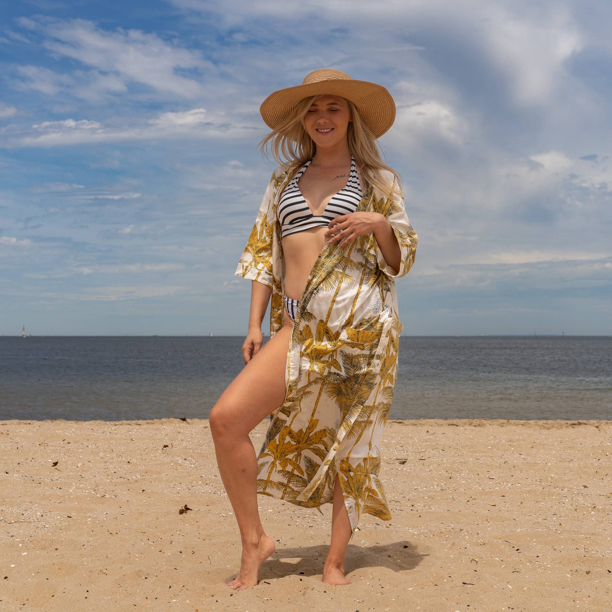 YELLOW PALM' Women's Cotton Kimono Robe