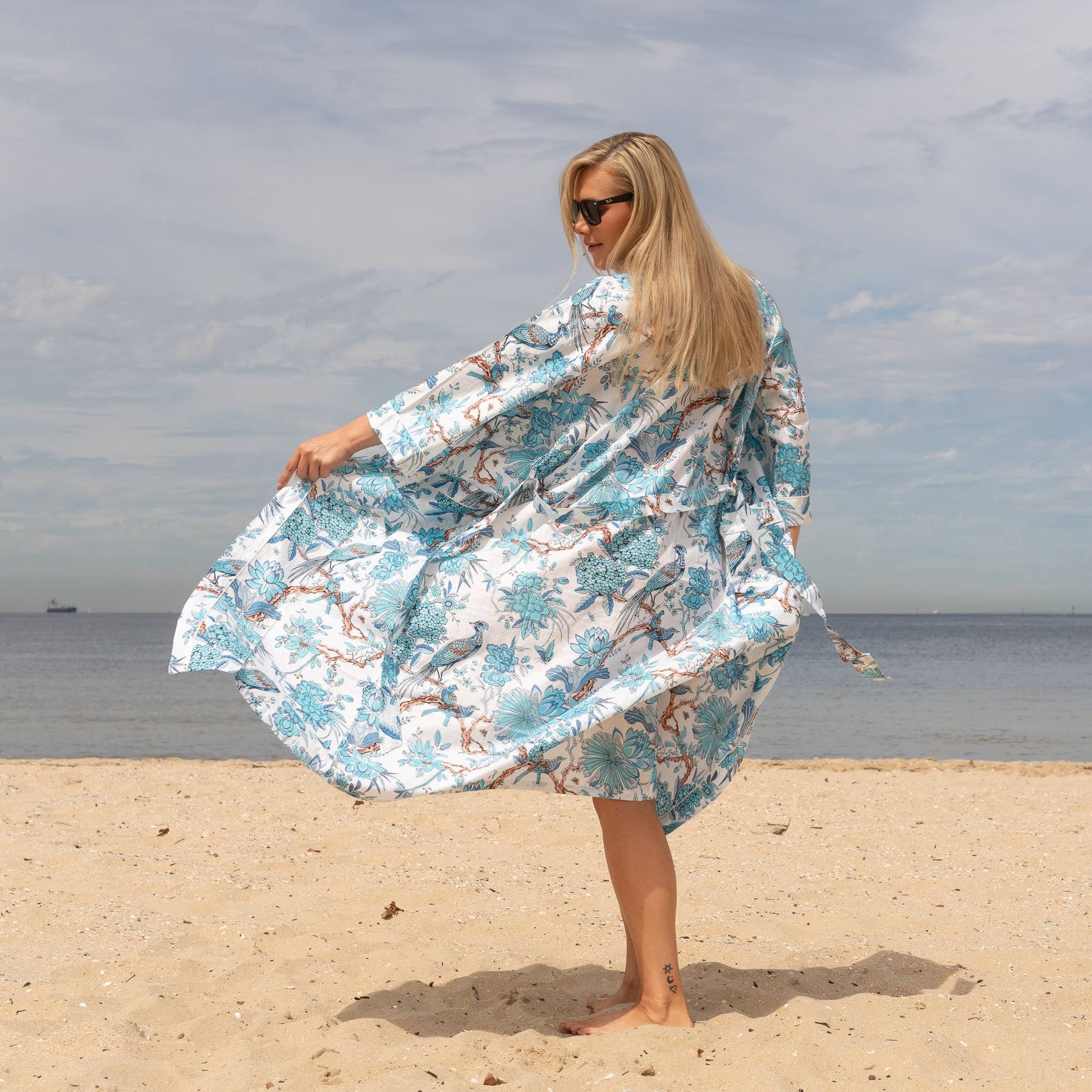 BLUE PEACOCK' Women's Cotton Kimono Robe