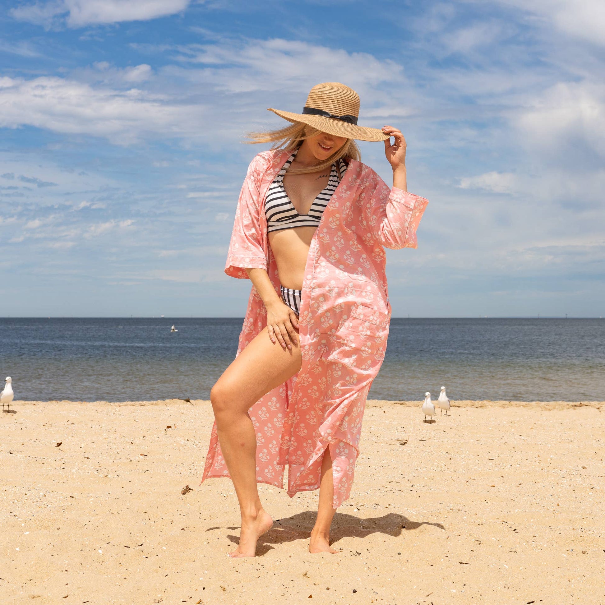 PEACH FLORAL' Women's Cotton Kimono Robe