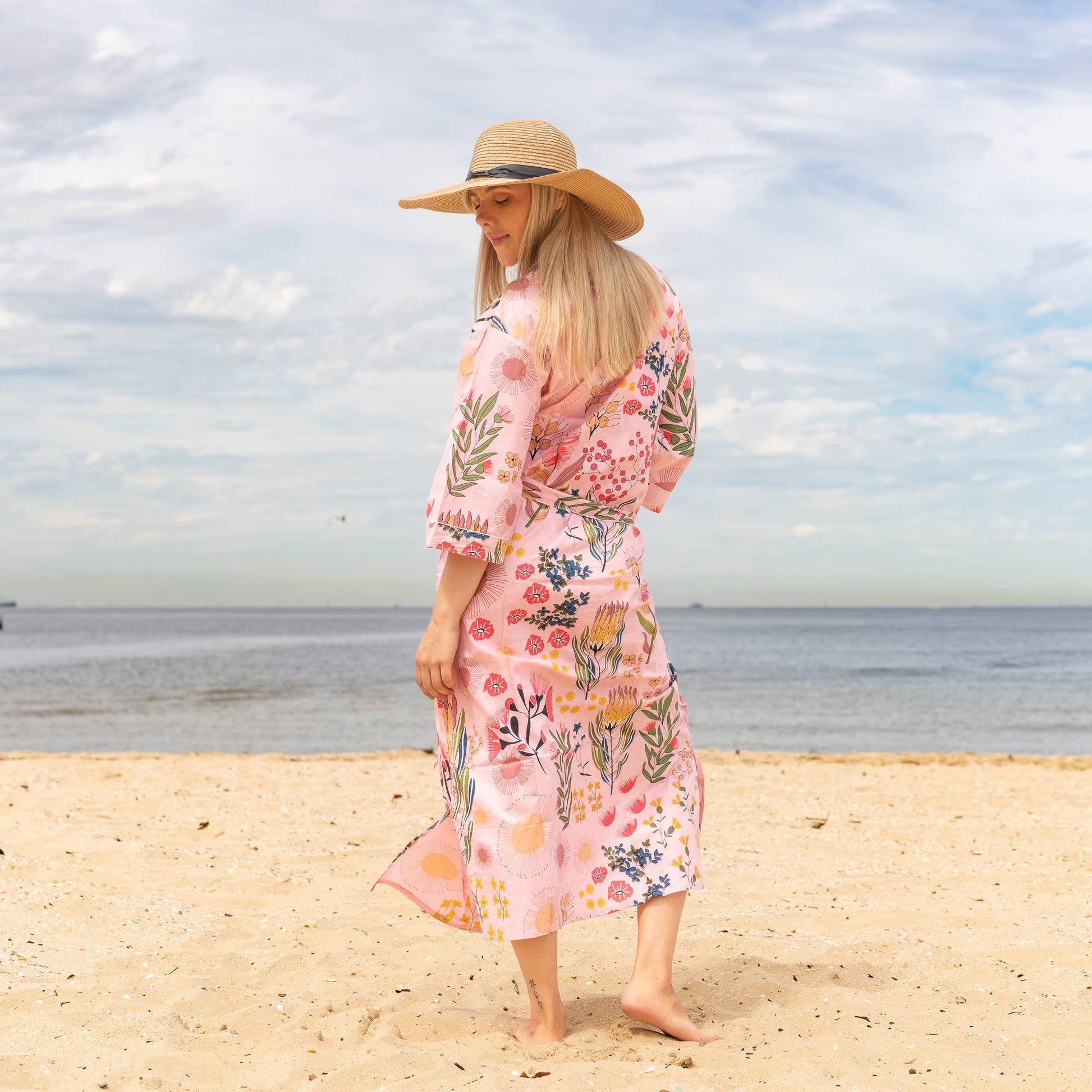 FLORAL BLOCK PRINT' Women's Cotton Kimono Robe