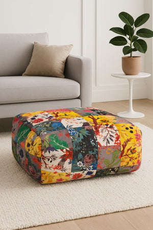 Square velvet patchwork ottoman pouf with colorful bohemian floral design