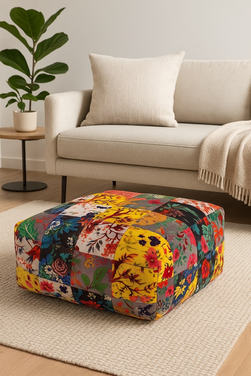 Handcrafted velvet patchwork footstool featuring vibrant bohemian patterns and square shape