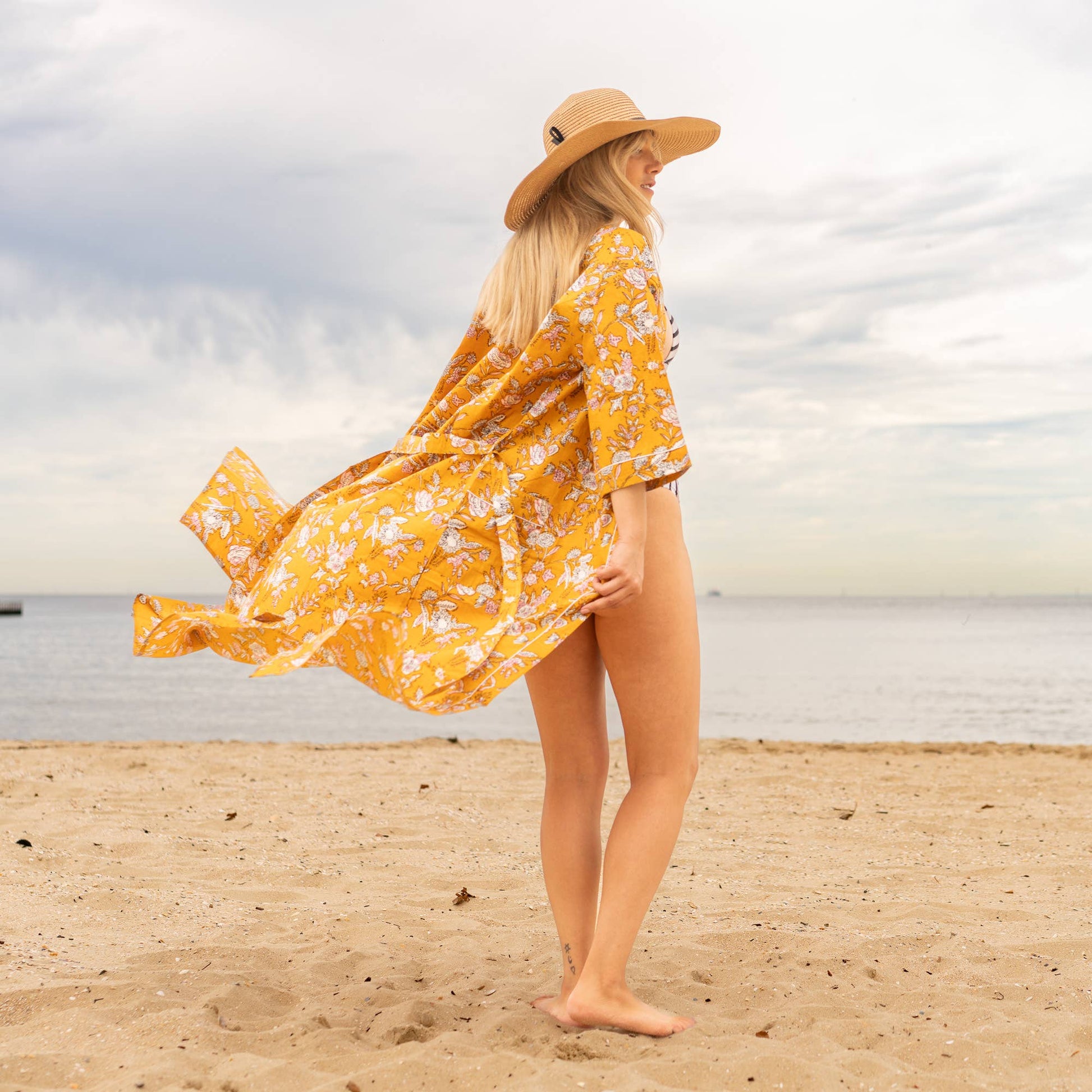 MUSTARD FLORAL' Women's Cotton Kimono Robe