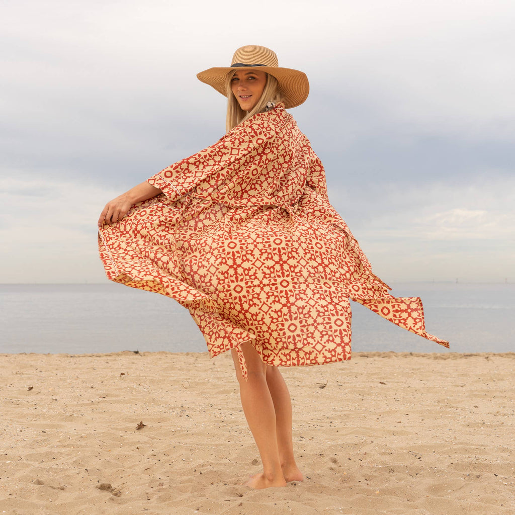 Geometric Block Print' Women's Cotton Kimono Robe