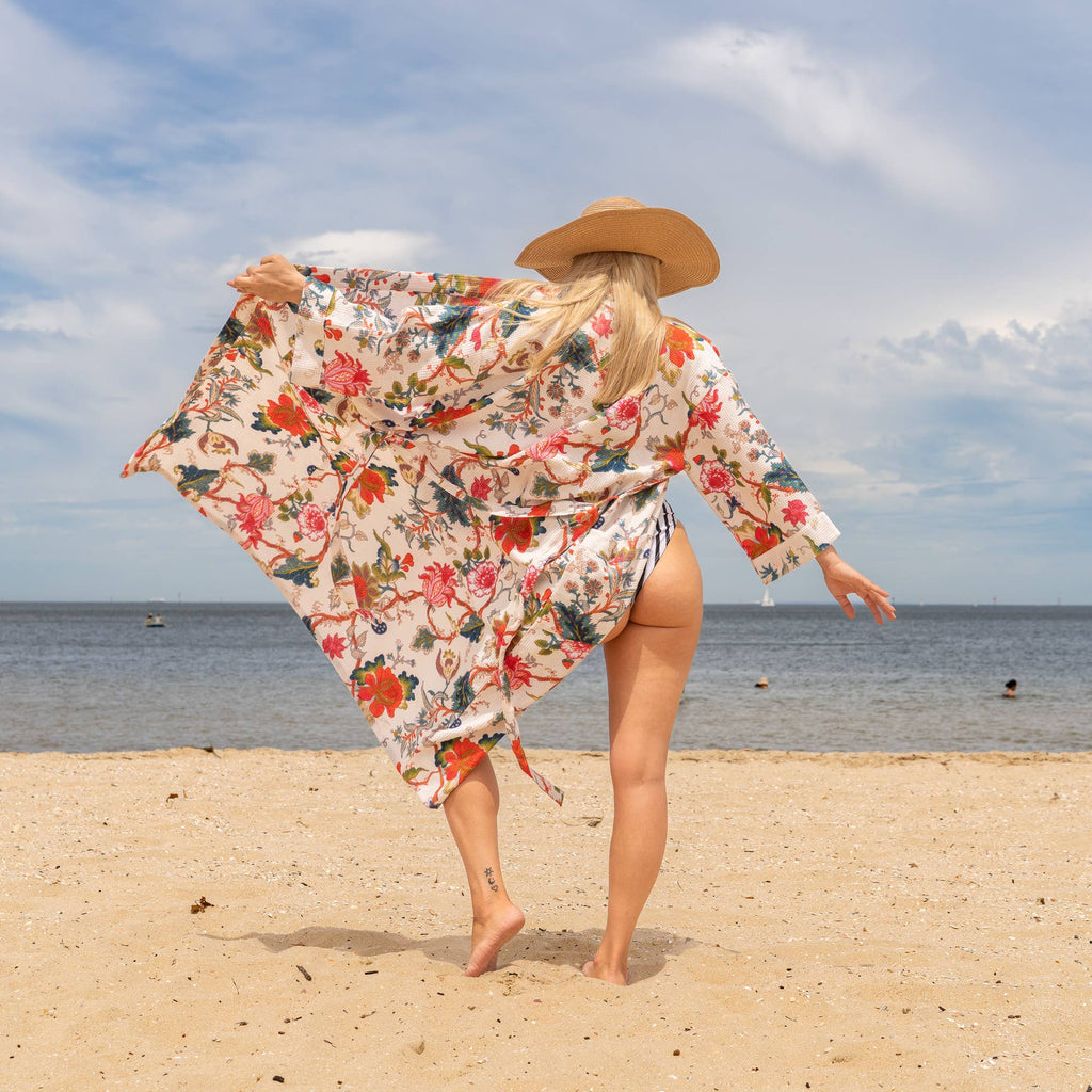 Amira' Women's Cotton Linen Waffle Kimono Robe