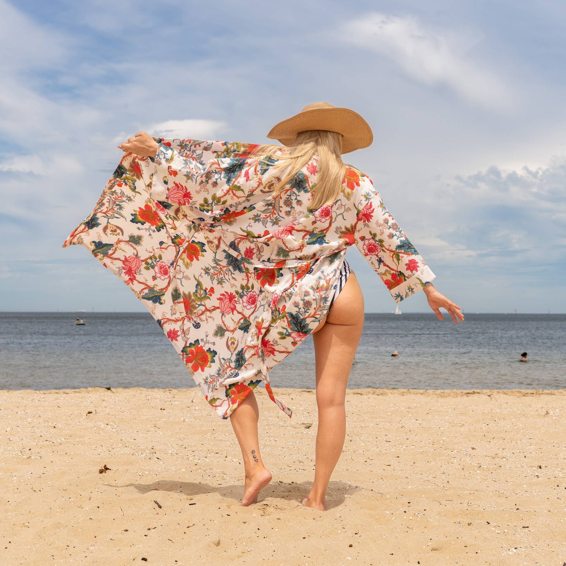 Amira' Women's Cotton Linen Waffle Kimono Robe