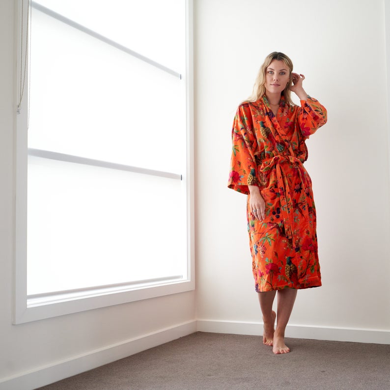 'Floral Fairytale' 100% Cotton Velvet Kimono Robe