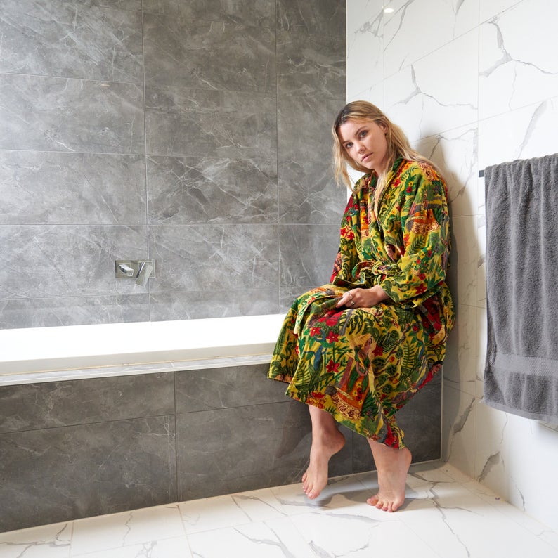 'Belle Fleur' 100% Cotton Velvet Kimono Robe