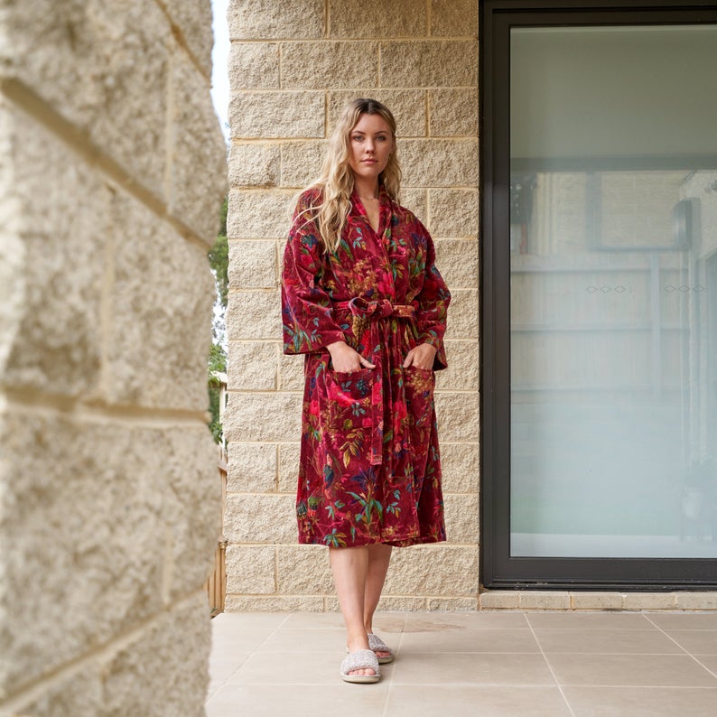 'Plush Petals' 100% Cotton Velvet Kimono Robe
