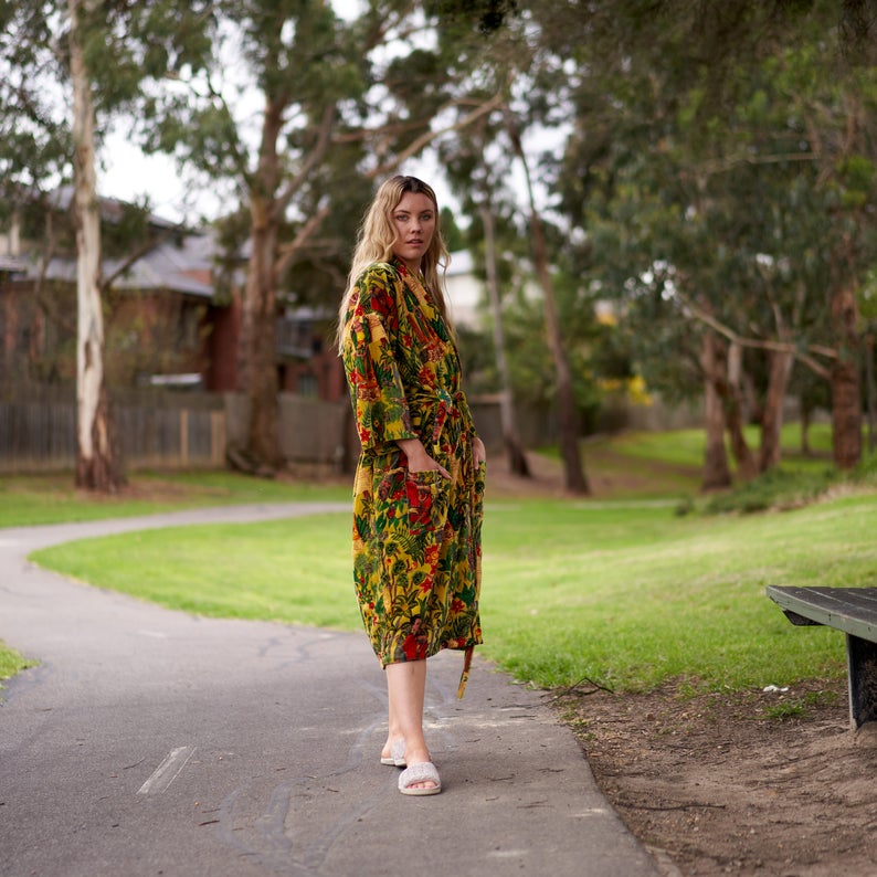 'Opulent Oasis' 100% Cotton Velvet Kimono Robe