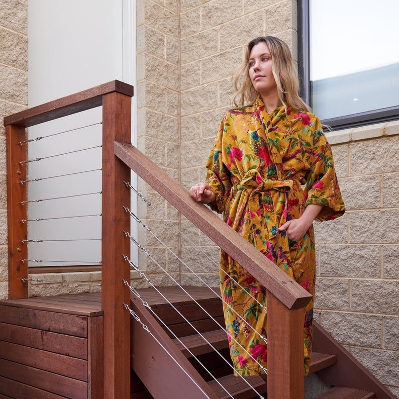 'Royal Garden' 100% Cotton Velvet Kimono Robe