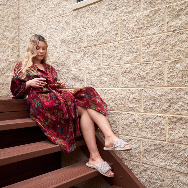 'Plush Petals' 100% Cotton Velvet Kimono Robe
