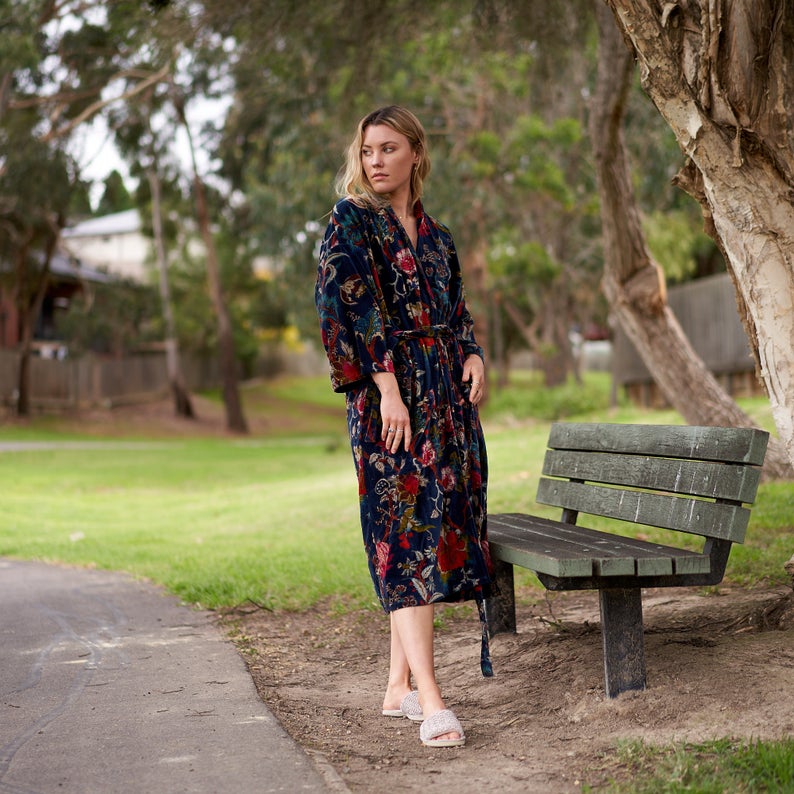 Floral Velvet' Kimono 100% Cotton Bathrobe