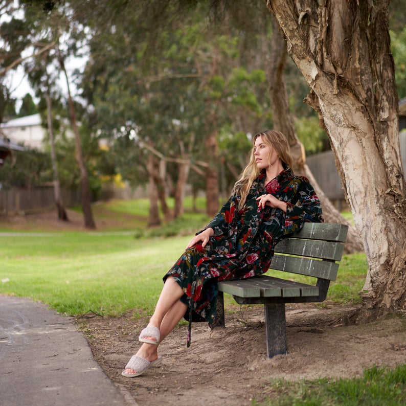 'Luxe Botanicals' 100% Cotton Velvet Kimono Robe