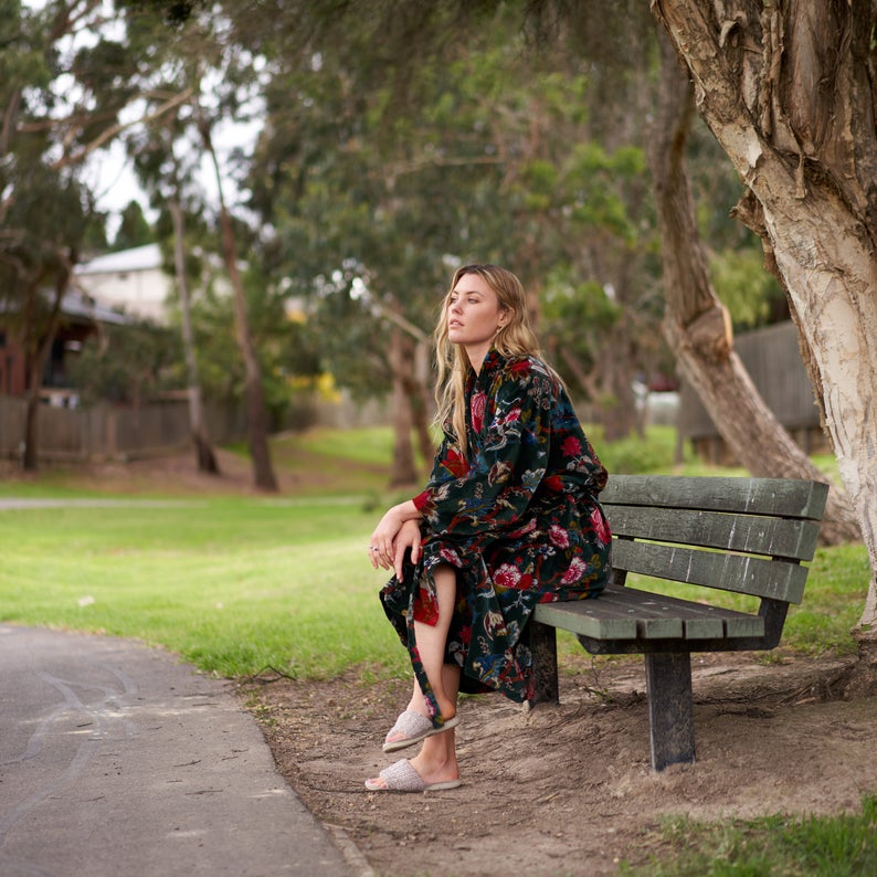 'Luxe Botanicals' 100% Cotton Velvet Kimono Robe