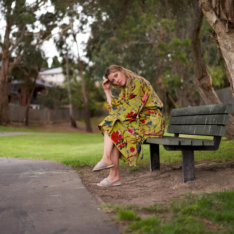 'Lavish Blossoms' 100% Cotton Velvet Kimono Robe