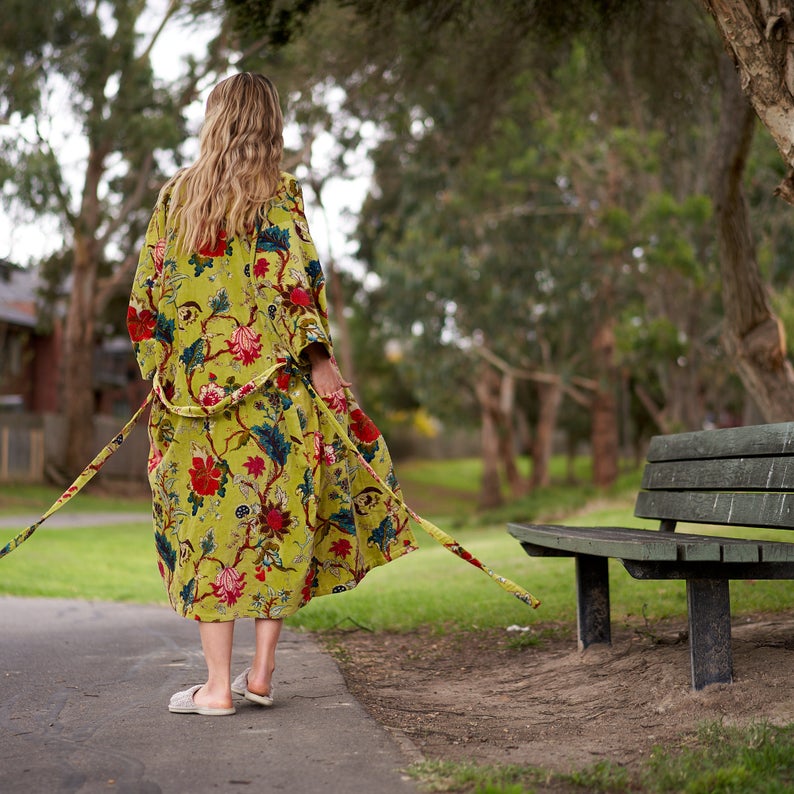 'Lavish Blossoms' 100% Cotton Velvet Kimono Robe