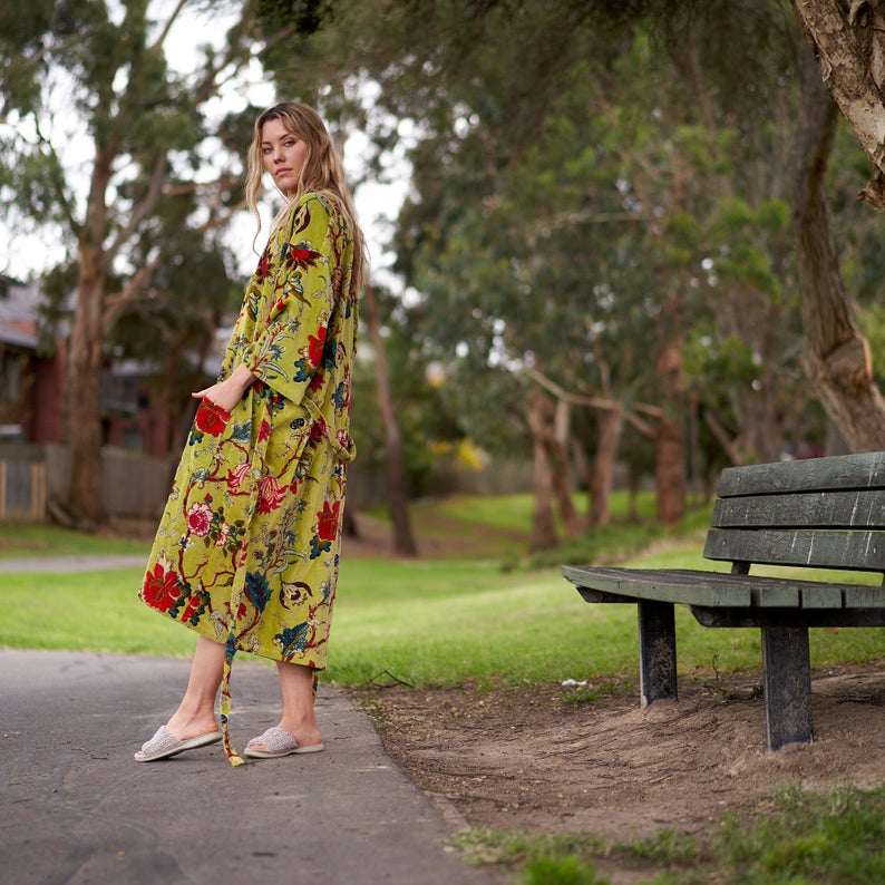 'Lavish Blossoms' 100% Cotton Velvet Kimono Robe