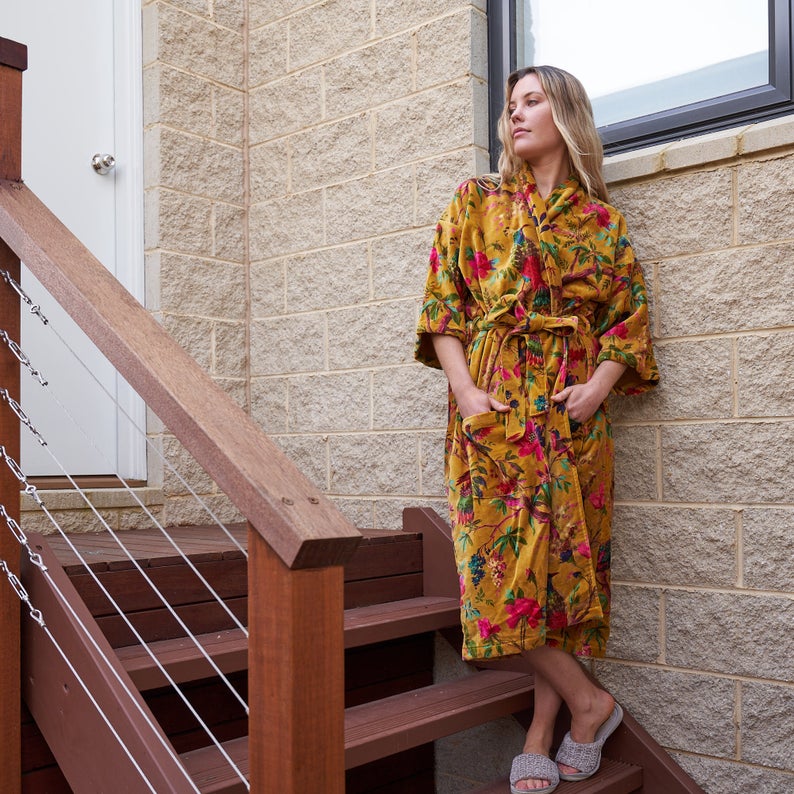 'Royal Garden' 100% Cotton Velvet Kimono Robe