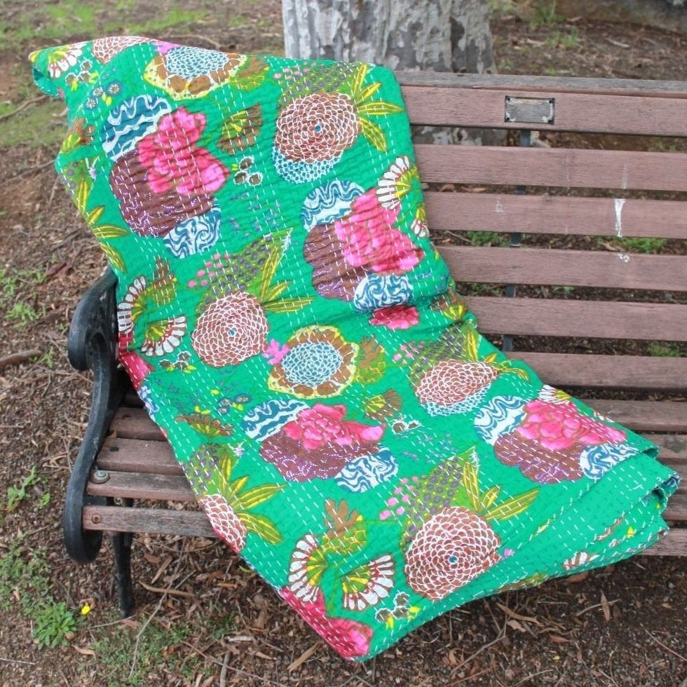 Linen Connections Handmade Indian Kantha Quilt- Parrot Green