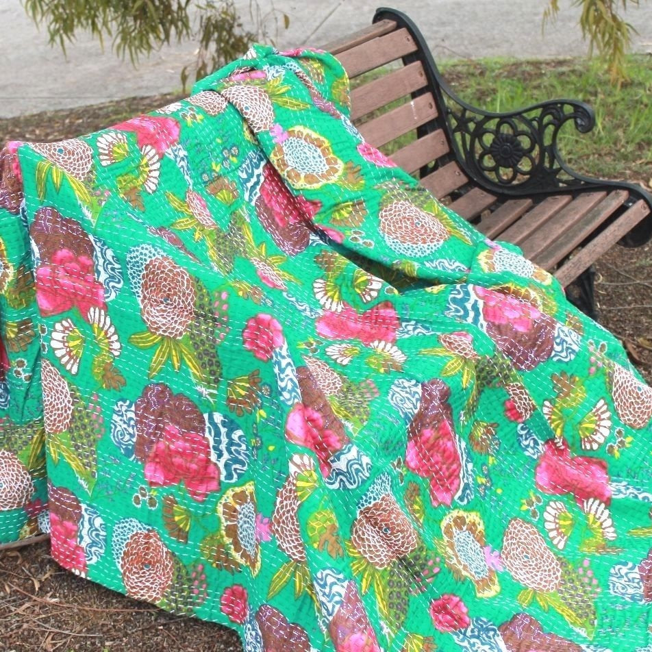 Linen Connections Handmade Indian Kantha Quilt- Parrot Green