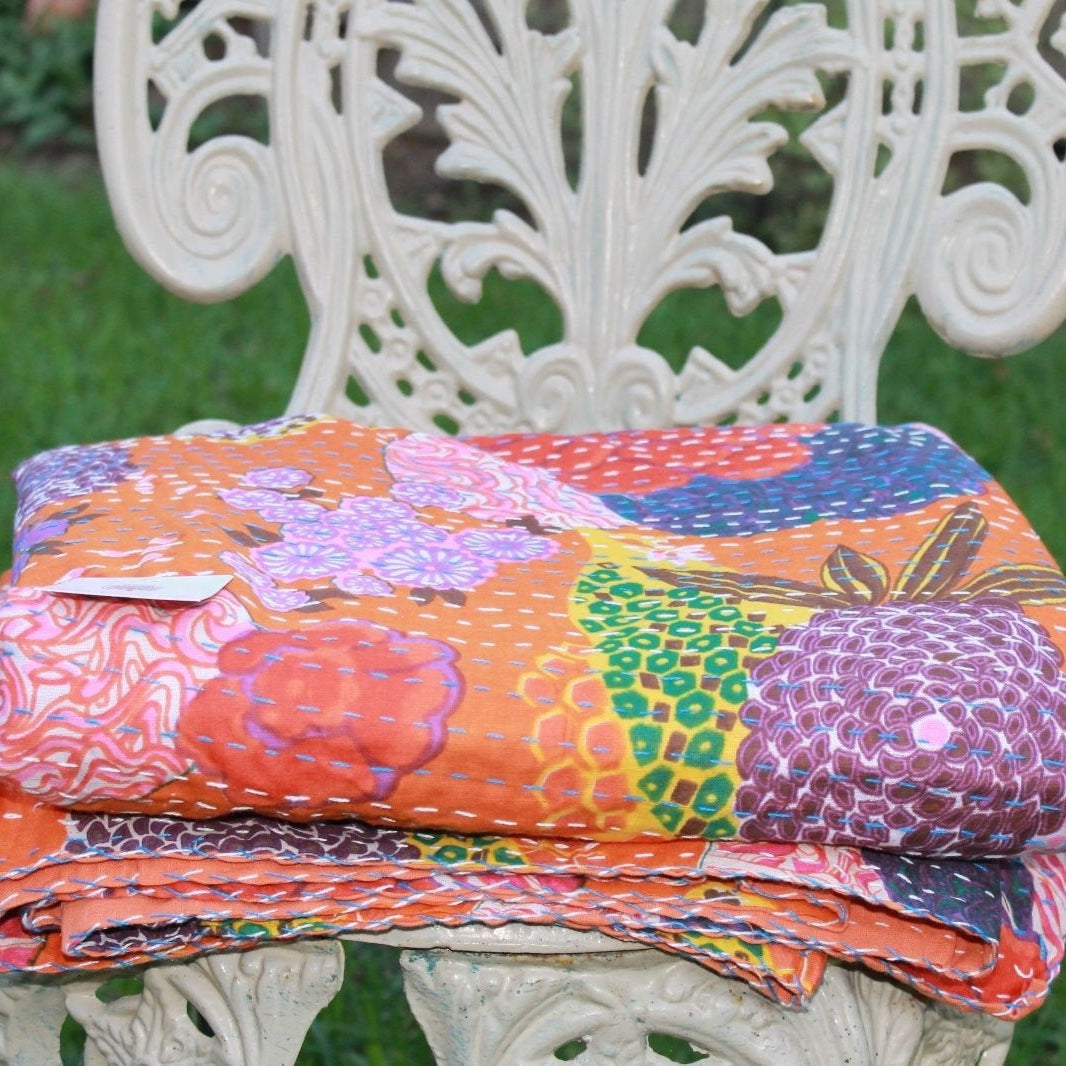 Linen Connections Handmade Indian Kantha Quilt Blanket - Orange Garden