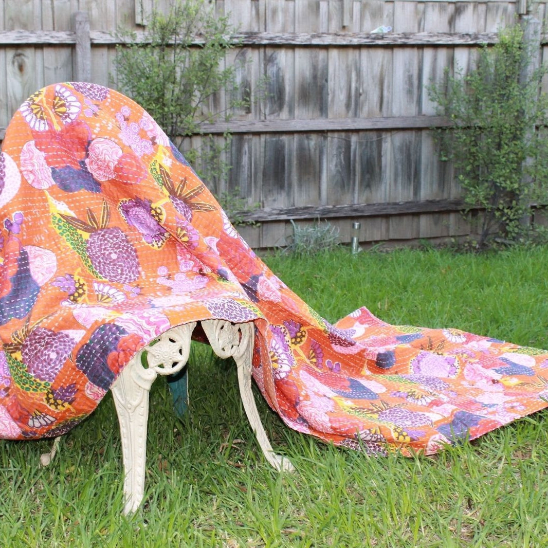 Linen Connections Handmade Indian Kantha Quilt Blanket - Orange Garden