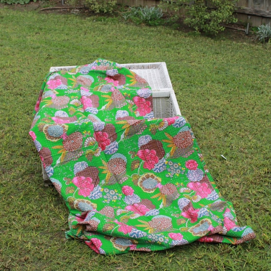Linen Connections Handmade Indian Kantha Quilt- Tranquil Hues