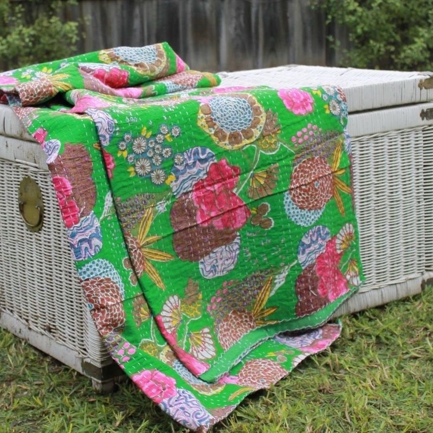 Linen Connections Handmade Indian Kantha Quilt- Tranquil Hues