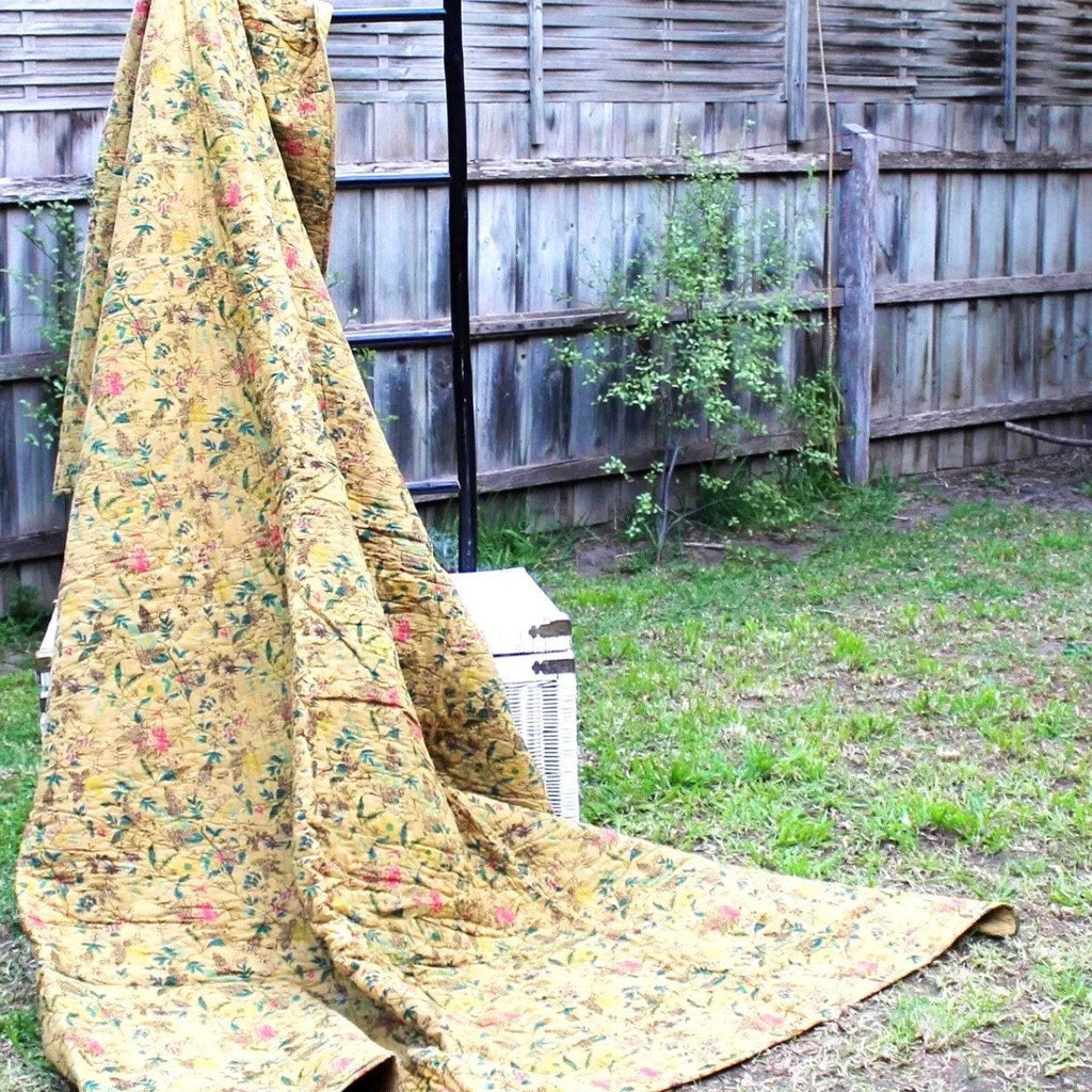 Linen Connections Handmade Indian Kantha Blanket Duvet - Mustard Haze