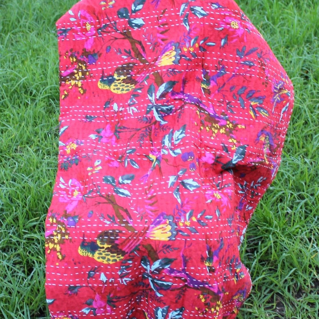 Linen Connections Handmade Indian Kantha Quilt- Pink Blossom