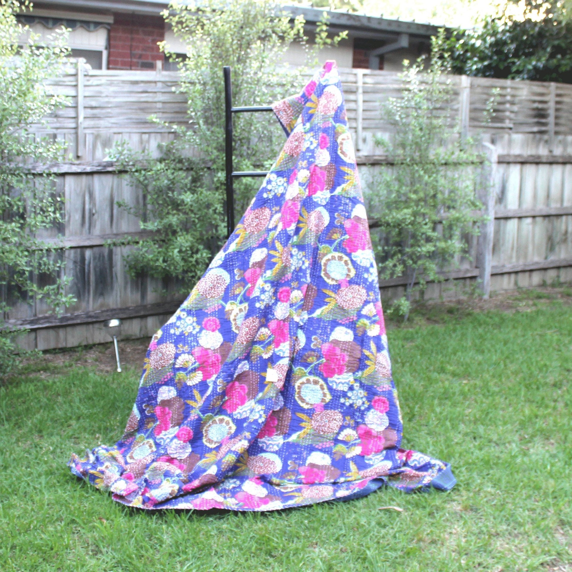 Linen Connections Handmade Indian Kantha Quilt Blanket - Blue Gardens