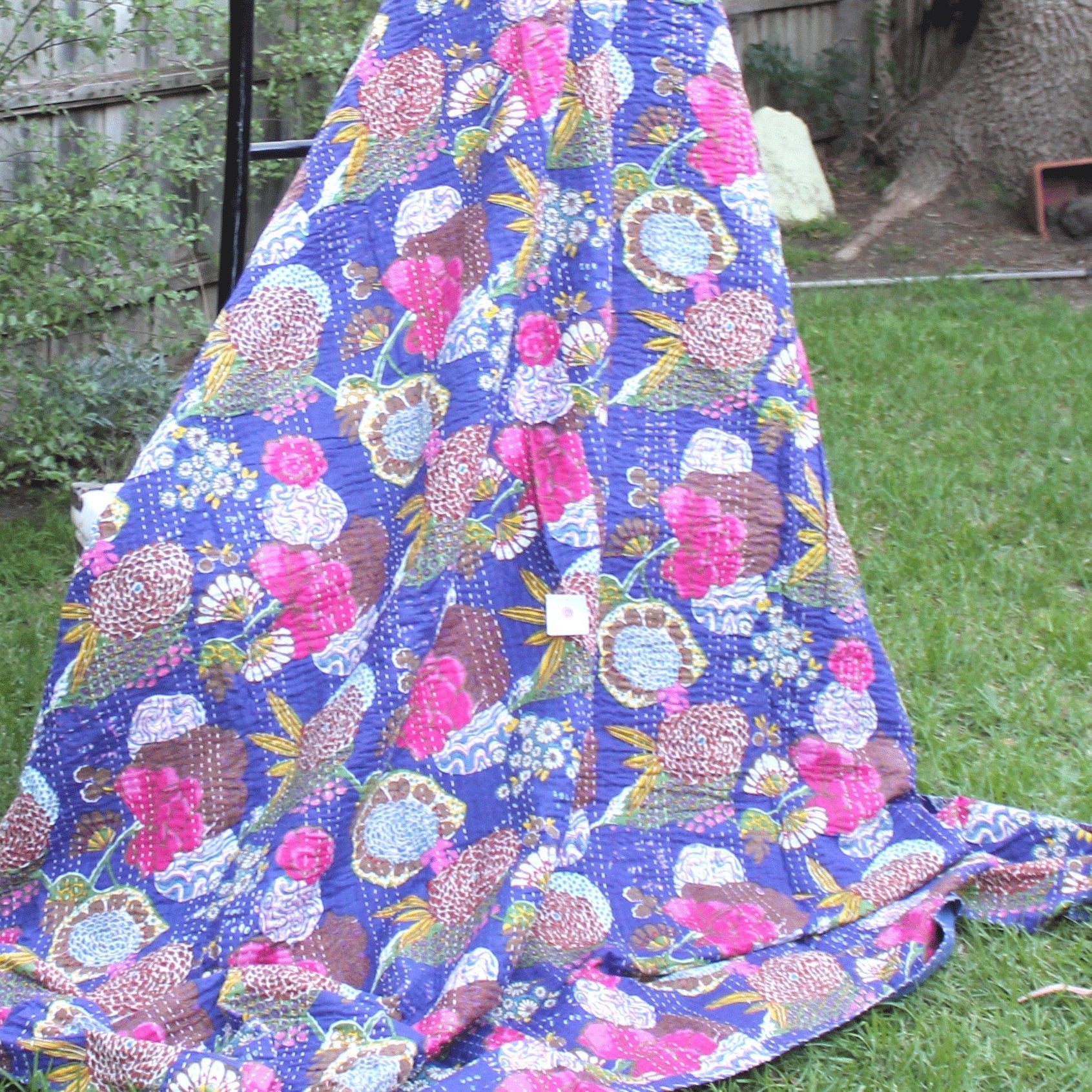 Linen Connections Handmade Indian Kantha Quilt Blanket - Blue Gardens