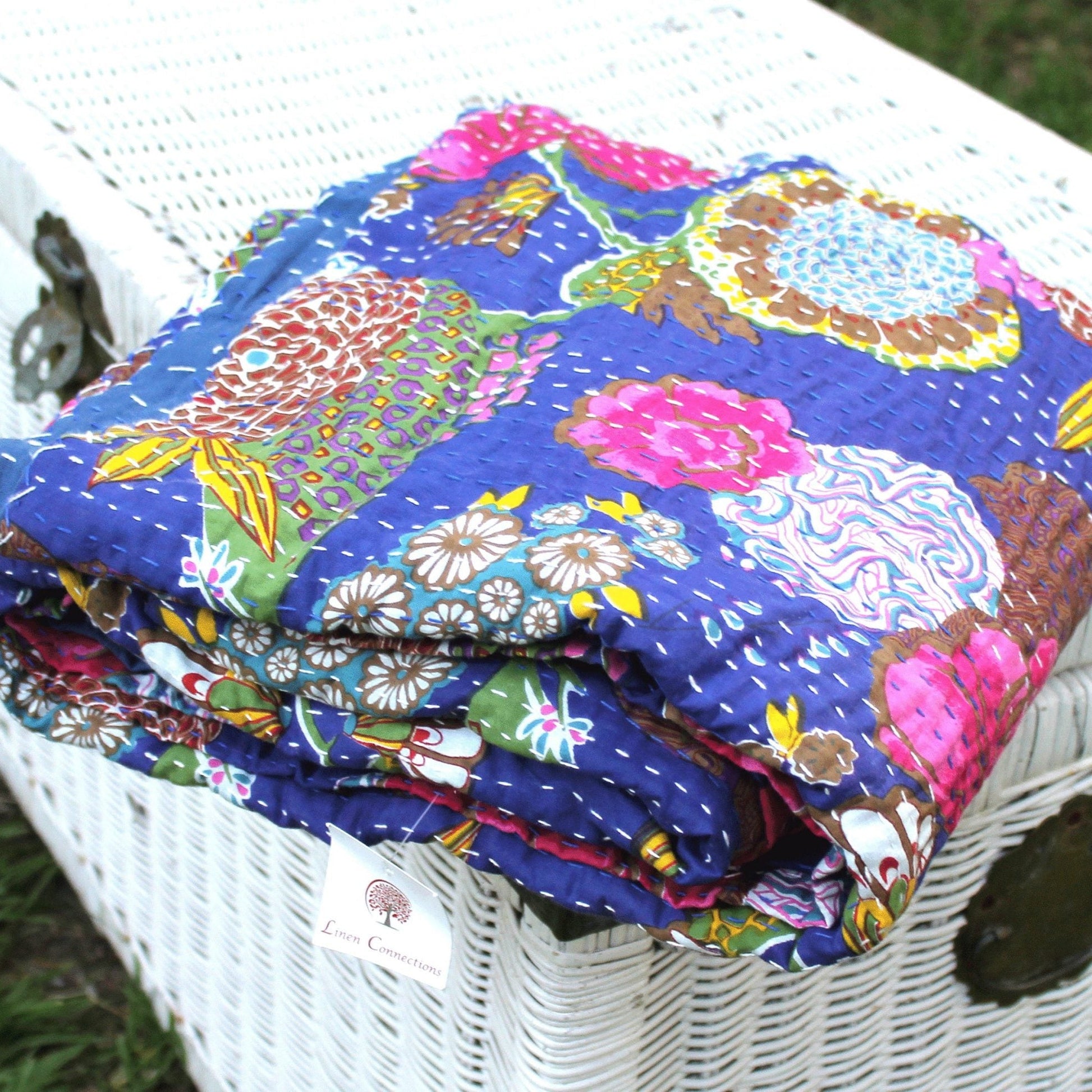Linen Connections Handmade Indian Kantha Quilt Blanket - Blue Gardens