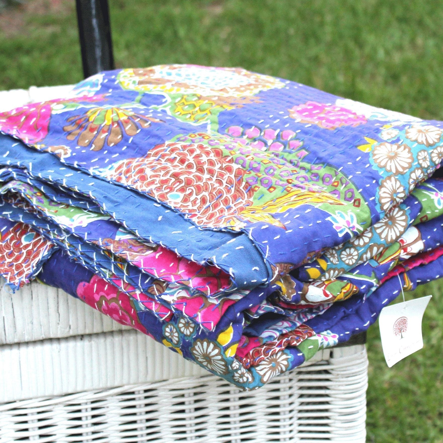 Linen Connections Handmade Indian Kantha Quilt Blanket - Blue Gardens