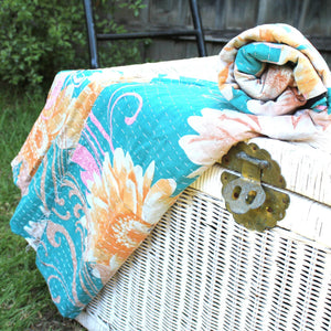 Handmade Indian Kantha Quilt Blanket Throw Duvet - Flower Blooms